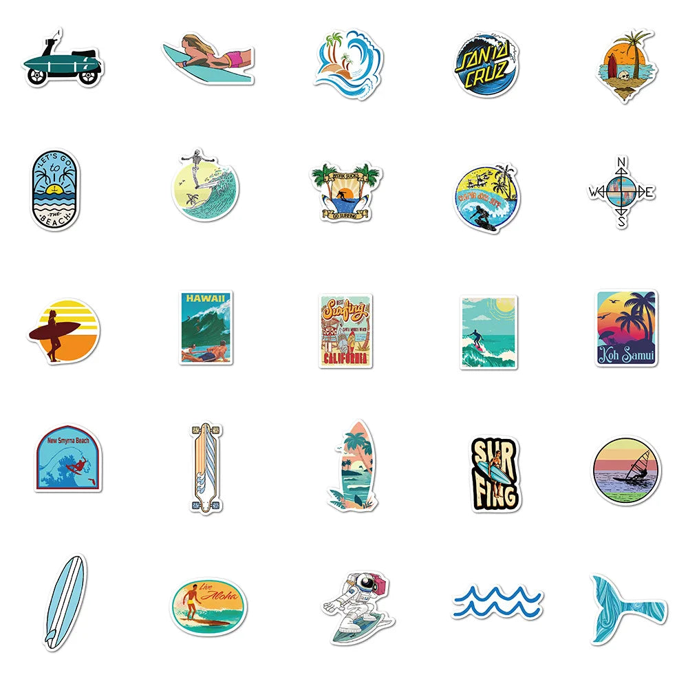 10/30/50PCS Summer Surfing Stickers Beach Surf Sticker Waterproof DIY